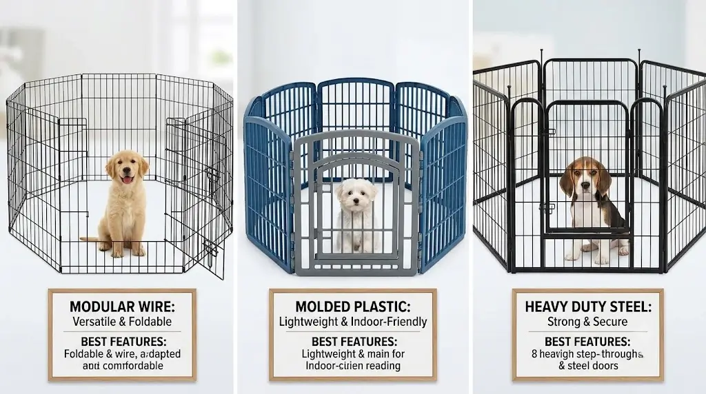 Comparison lineup of the best puppy playpens including modular wire pens, molded plastic enclosures, and heavy duty steel playpens