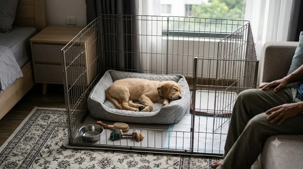 Puppy sleeping calmly in a cozy crate next to the owner's bedside at night