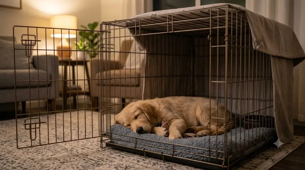 Puppy resting comfortably inside a properly sized wire crate in an indoor room