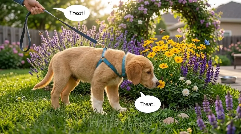 Curious puppy exploring grass and sniffing bushes during an outdoor potty break