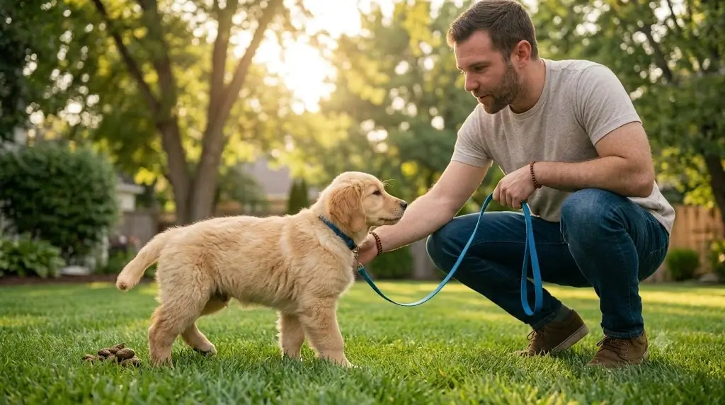 Dog owner taking a puppy outside on a leash to establish a consistent bathroom routine