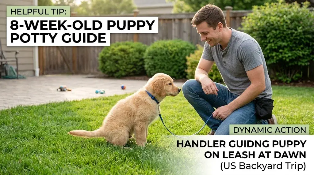 8-week-old puppy bathroom schedule showing handler taking young puppy outside on grass