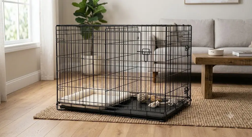 A properly sized black wire dog crate with an adjustable divider panel to limit excess sleeping space