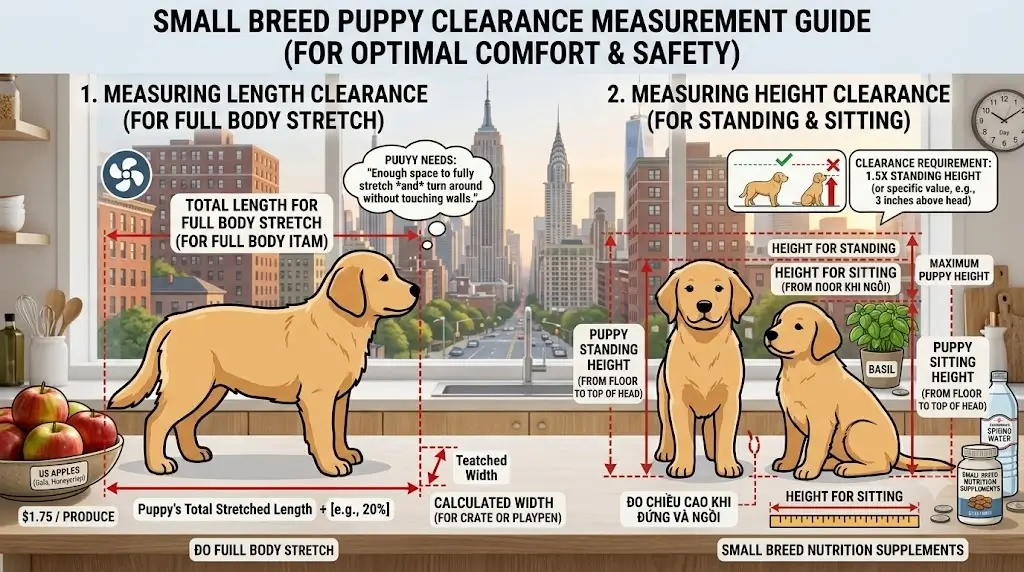 Technical diagram showing how to measure a small breed puppy for length and height clearances