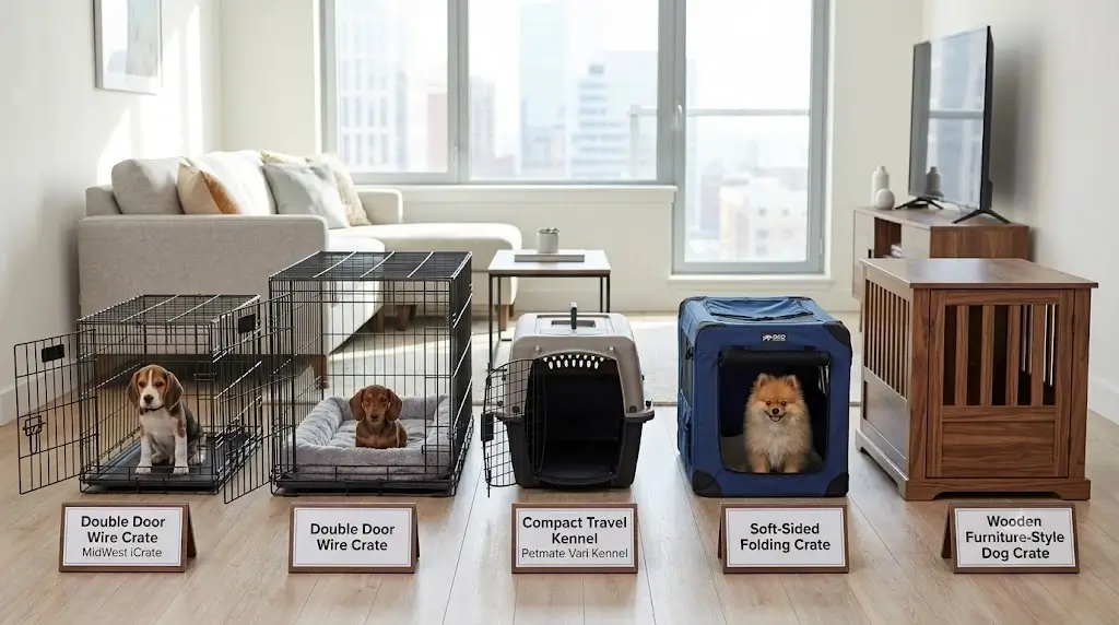 Comparison lineup of the best puppy crates for apartments showing double door wire crates and compact travel kennels