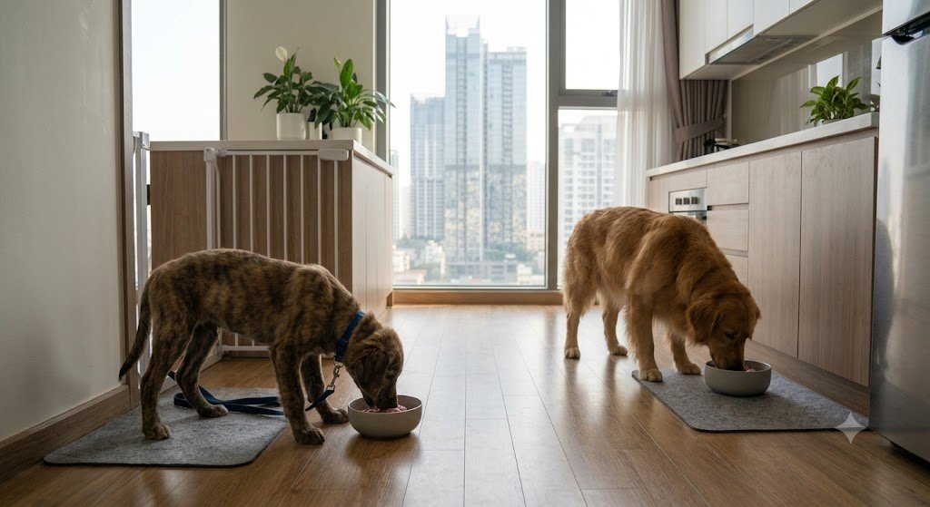 A puppy and an older dog eating meals from separate bowls placed apart in a modern kitchen