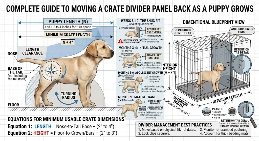 Diagram showing how to move a crate divider panel back as a puppy grows to prevent potty accidents