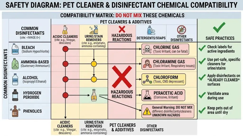 Safety diagram outlining chemical compatibility and hazardous reactions between pet cleaners and disinfectants