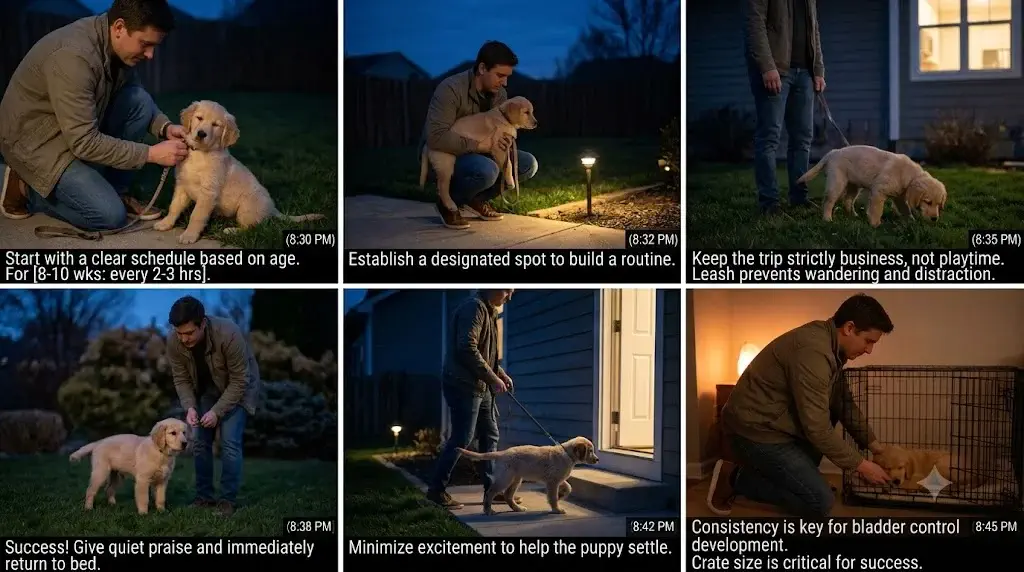 How often should a puppy pee at night showing handler taking calm puppy outside on leash in dim evening light