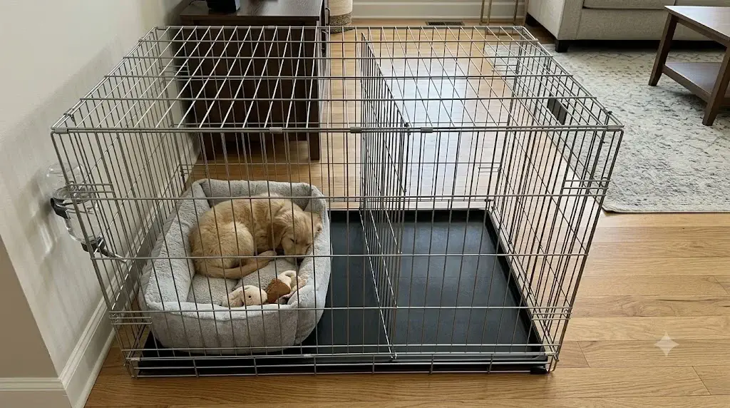 Proper crate setup for a 12-week-old puppy showing divider adjustment, clean pan, and comfortable sleeping space