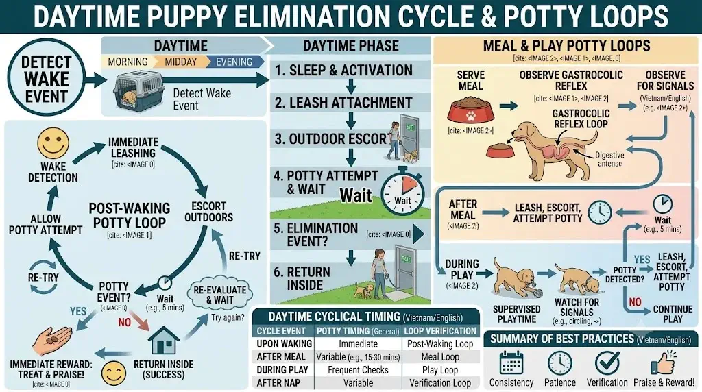 Daytime puppy elimination cycle diagram showing waking, meals, play, and outdoor potty loops