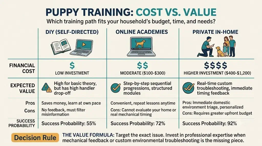 Infographic illustrating the puppy training cost versus value decision matrix comparing DIY, online, and private training