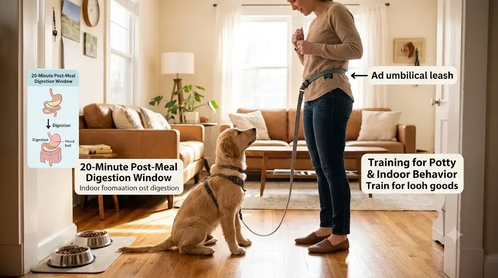 Puppy connected to handler via umbilical leash indoors during 20-minute post-meal digestion window