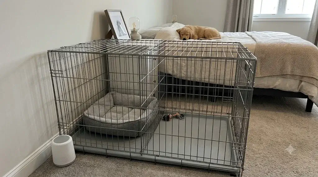 Bedroom crate setup for puppy showing wire divider, white noise machine, and clean non-absorbent floor pan