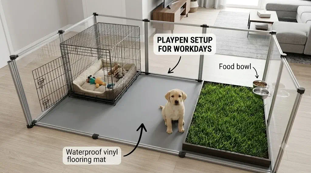 Workday puppy playpen setup showing open crate at one end, waterproof flooring, and real-grass turf box at opposite end