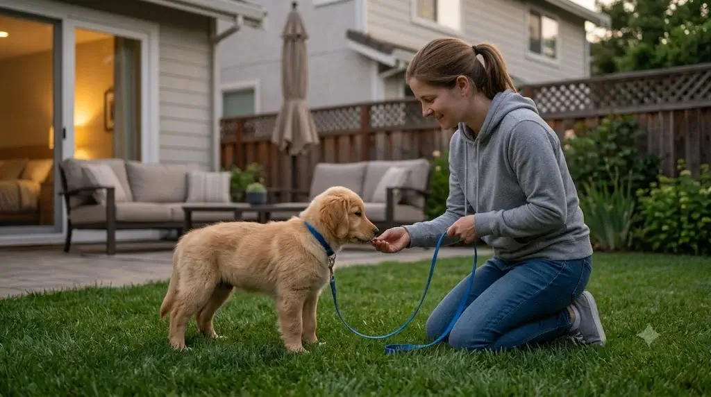 Puppy bathroom schedule at night showing handler taking calm puppy outside on leash in dim evening light