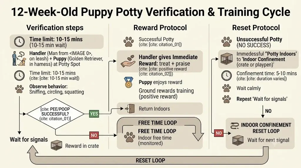Workflow diagram illustrating 12-week-old puppy potty verification, ground rewards, and indoor confinement resets