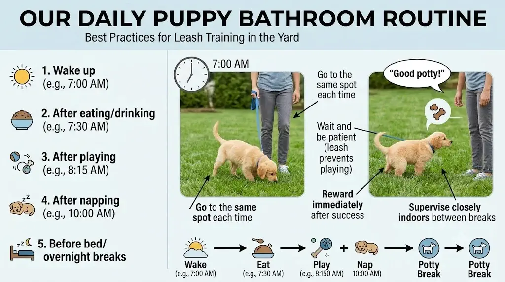 Puppy bathroom schedule during the day showing owner taking puppy outside on grass yard with leash