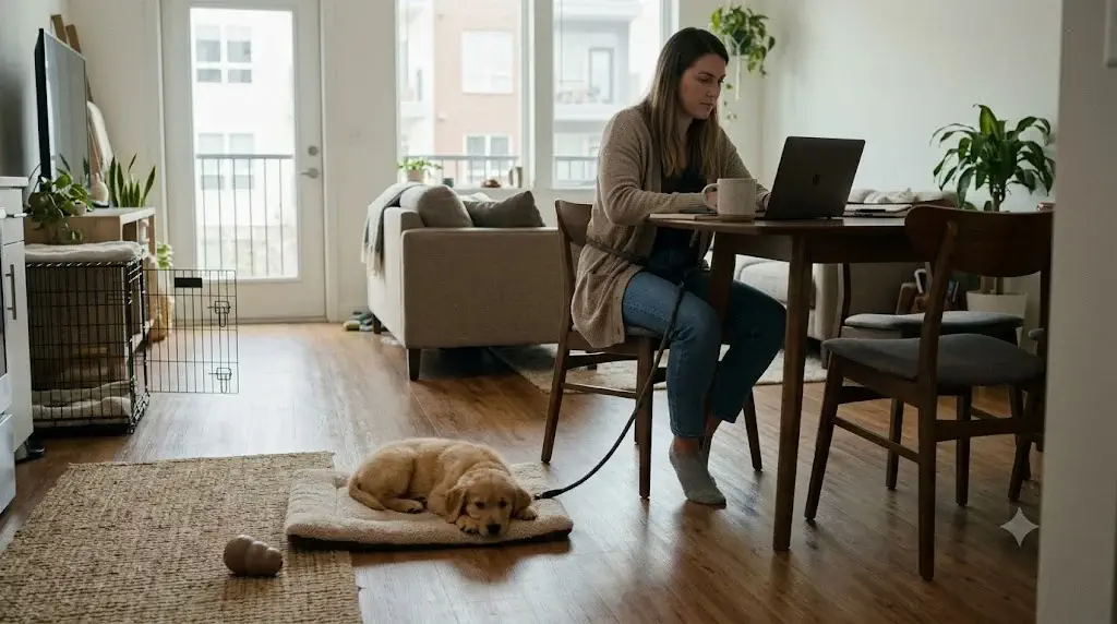 Puppy training program for busy dog owners showing owner working on laptop while puppy rests calmly on mat on leash