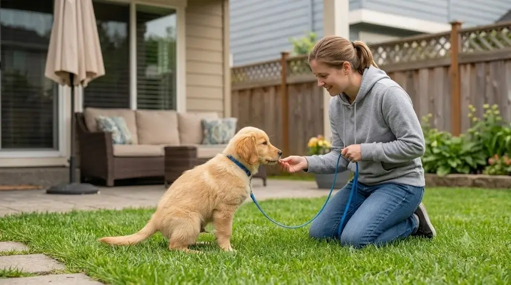 10-week-old puppy bathroom schedule showing handler taking alert young puppy outside on leash on lawn
