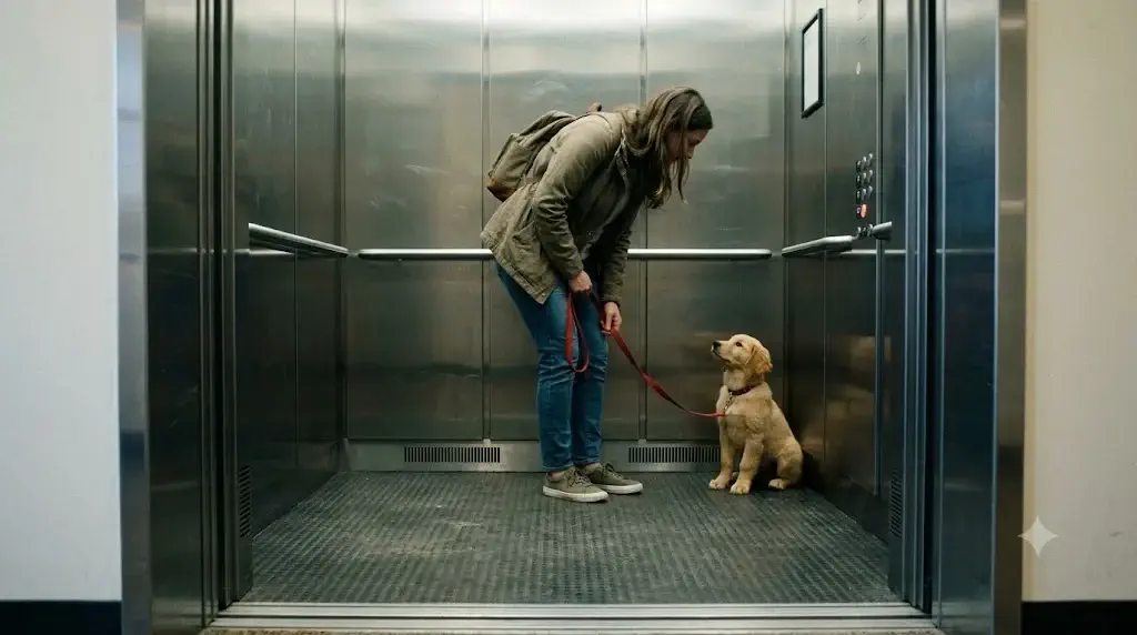 Puppy sitting calmly in back corner of apartment elevator cab on short leash shielded by owner