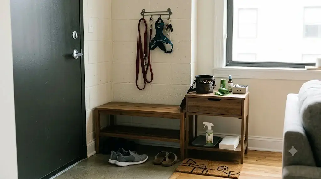 Apartment entryway staging setup showing leash, treat pouch, waste bags, slip-on shoes staged by door
