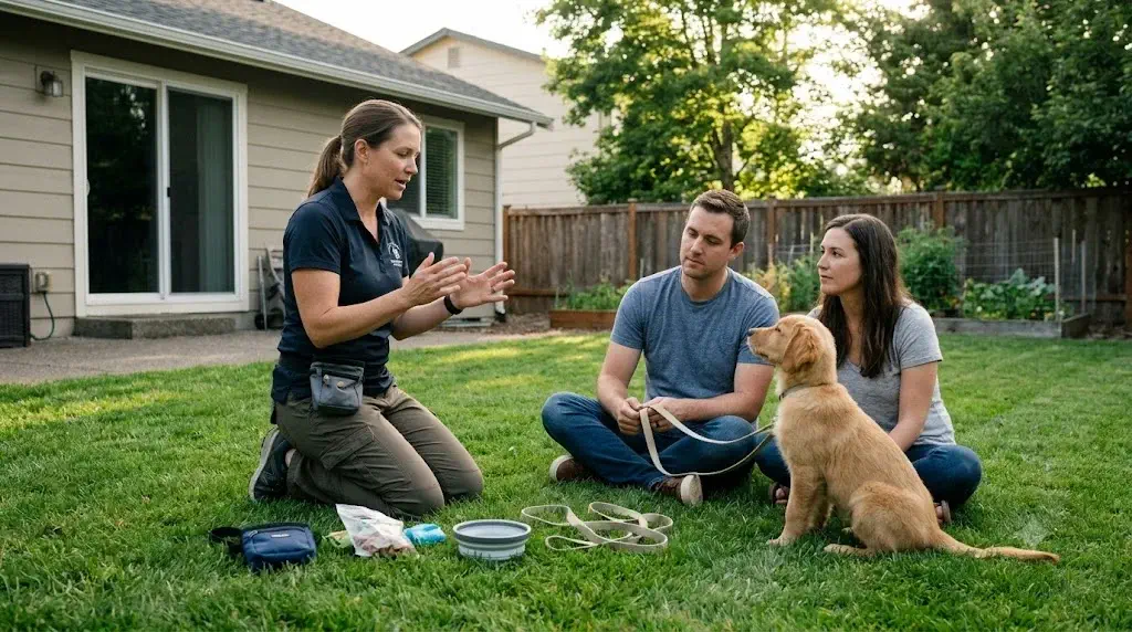 Certified professional dog trainer conducting an in-home puppy lesson with owner and golden retriever puppy on grass