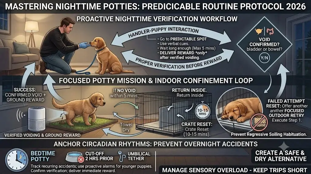 Workflow diagram illustrating 10-week-old puppy potty verification, ground rewards, and indoor confinement resets