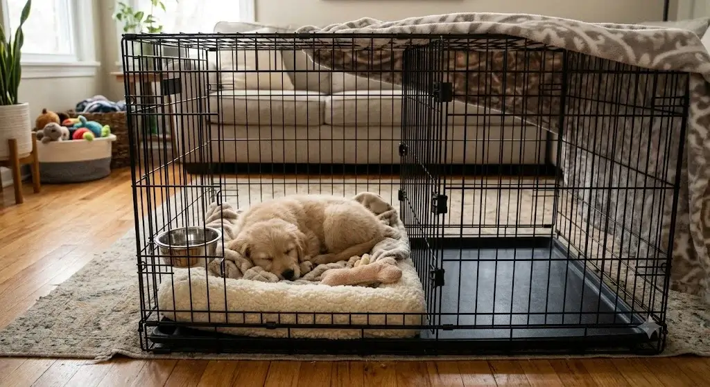 Proper crate setup for a 10-week-old puppy showing divider adjustment, clean pan, and comfortable sleeping space