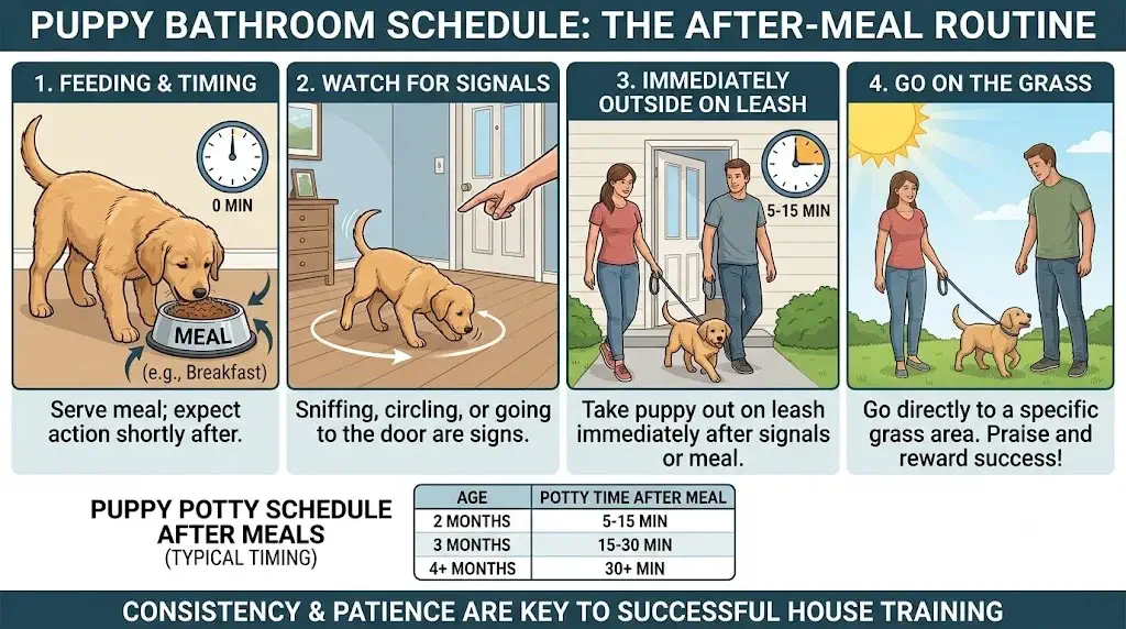Puppy bathroom schedule after meals showing handler taking fed puppy outside on grass on leash