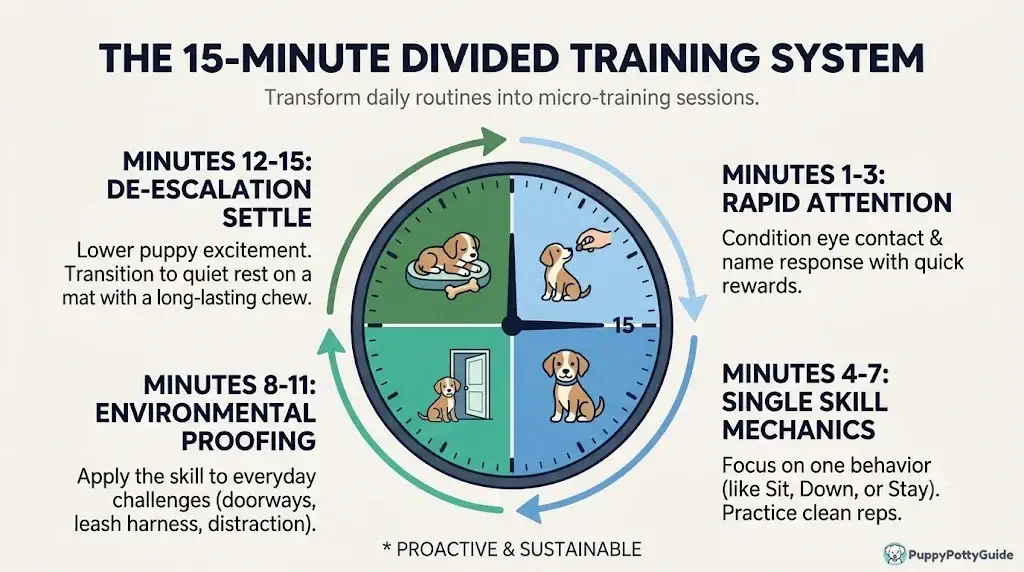 Graphic illustrating the 15-minute divided training system into attention, skill work, real life proofing, and calm settling