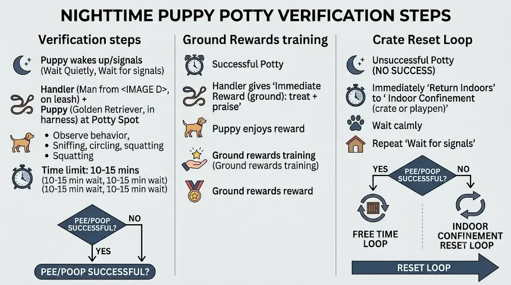 Workflow diagram showing nighttime puppy potty verification steps, ground rewards, and crate reset loop