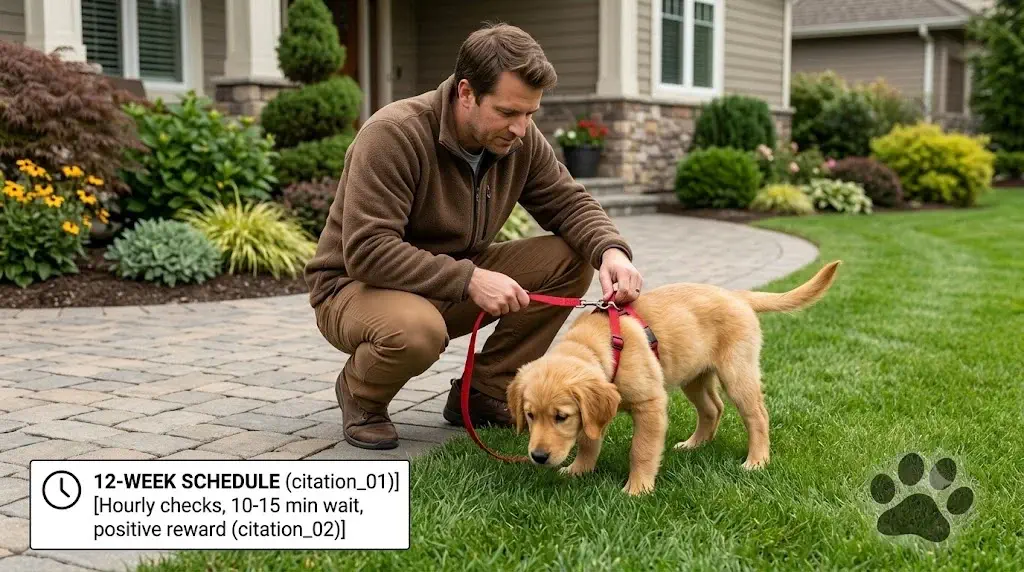 12-week-old puppy bathroom schedule showing handler taking alert young puppy outside on leash on lawn