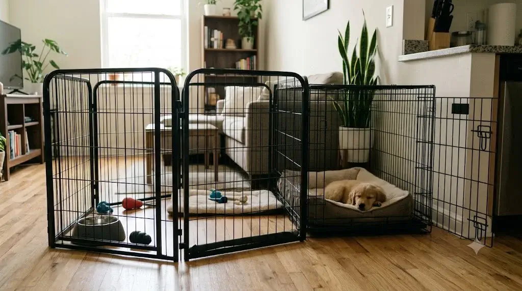 Puppy resting safely in well-ventilated crate attached to exercise pen with chew enrichment for working owners