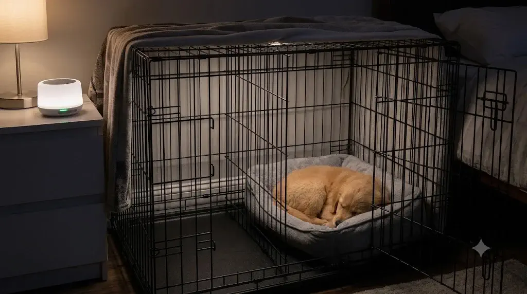 Proper crate setup for a puppy at night showing wire divider, clean pan, and white noise machine