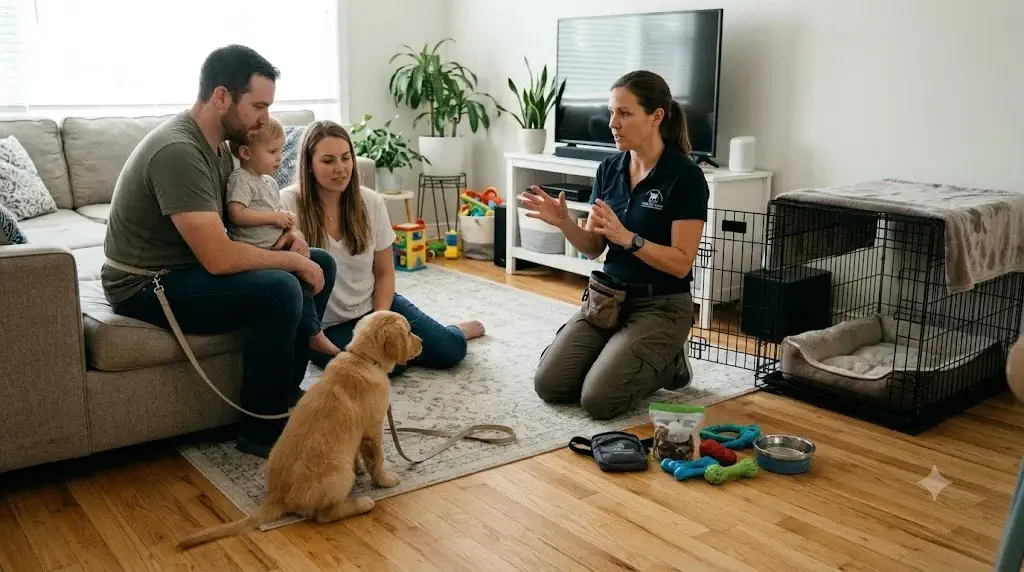 Professional dog trainer coaching family on proper umbilical leash tethering and puppy crate setup in living room