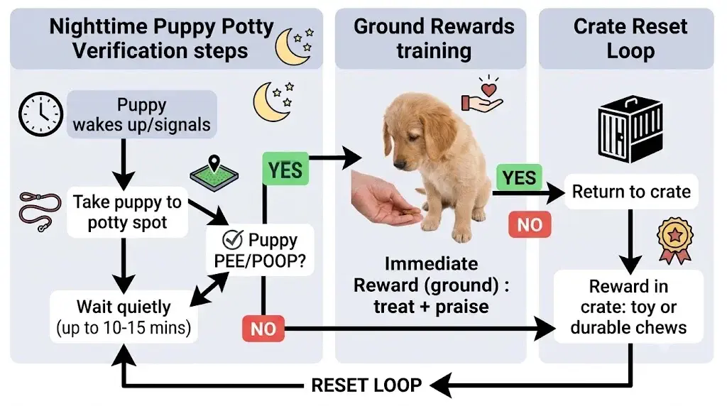 Workflow diagram showing nighttime puppy potty verification steps, ground rewards, and crate reset loop