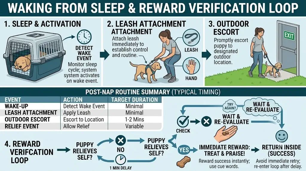 Workflow diagram showing waking from sleep, immediate leash attachment, outdoor escort, and reward verification loop