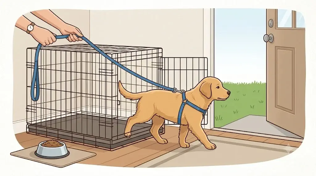 Puppy exiting sleeping crate calmly with leash attached and handler guiding toward door