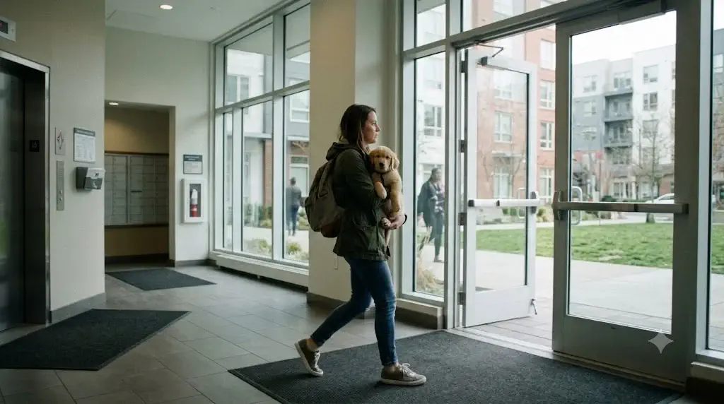 Puppy training program for apartment living showing owner carrying puppy through apartment building lobby to outdoor grass