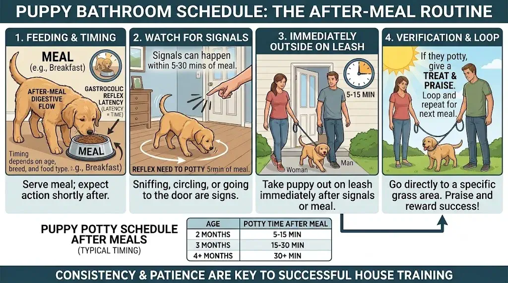 Workflow diagram showing puppy post-meal timing, gastrocolic reflex latency, and outdoor verification loop