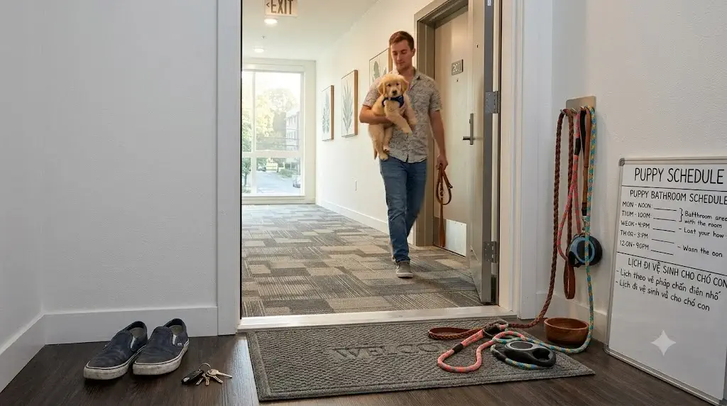 Apartment exit entryway showing slip-on shoes, leash staged by door, and puppy being carried through hallway