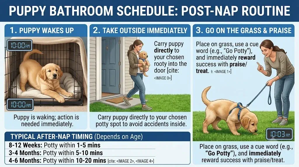 Puppy bathroom schedule after naps showing handler taking waking puppy outside on grass on leash