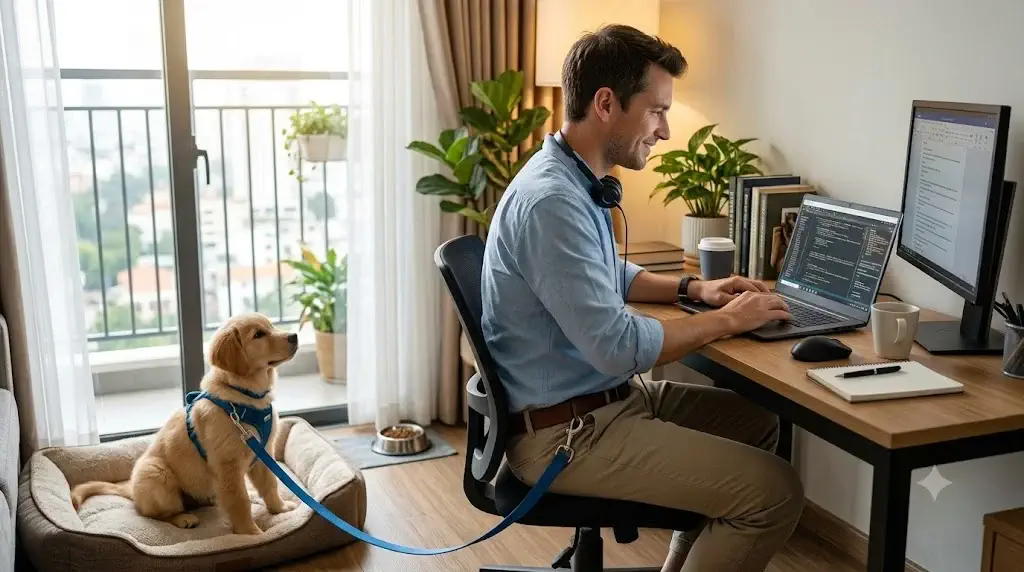 Puppy connected to owner via umbilical leash tether during daytime work-from-home hours