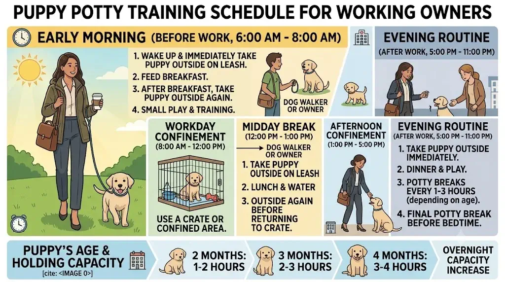 Puppy bathroom schedule for working owners showing professional owner taking puppy outside on leash before work